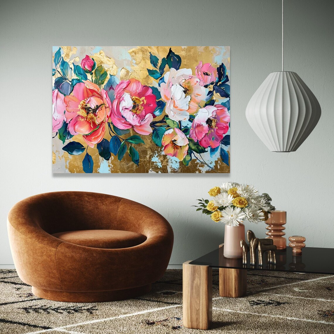 Pink White Flowers Gold Leaf Background Impasto Floral Art Poster