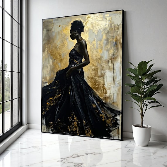 Elegant African Woman in Black Dress, Abstract Gold Art Print