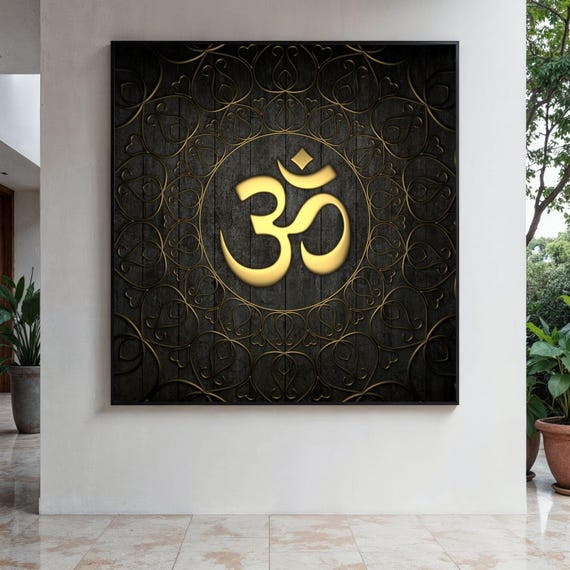 Golden Om Symbol Canvas Wall Art Spiritual Mandala Design Meditation Room Decor Yoga Studio Zen Gift Home Print