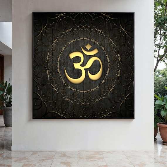 Golden Om Symbol On Dark Wood With Ornate Golden Border Poster
