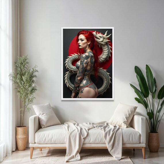 Redhaired Tattooed Woman With Dragon Sculpture Gothic Body Art Canvas Dark Fantasy Wall Decor Modern Gift Home Print