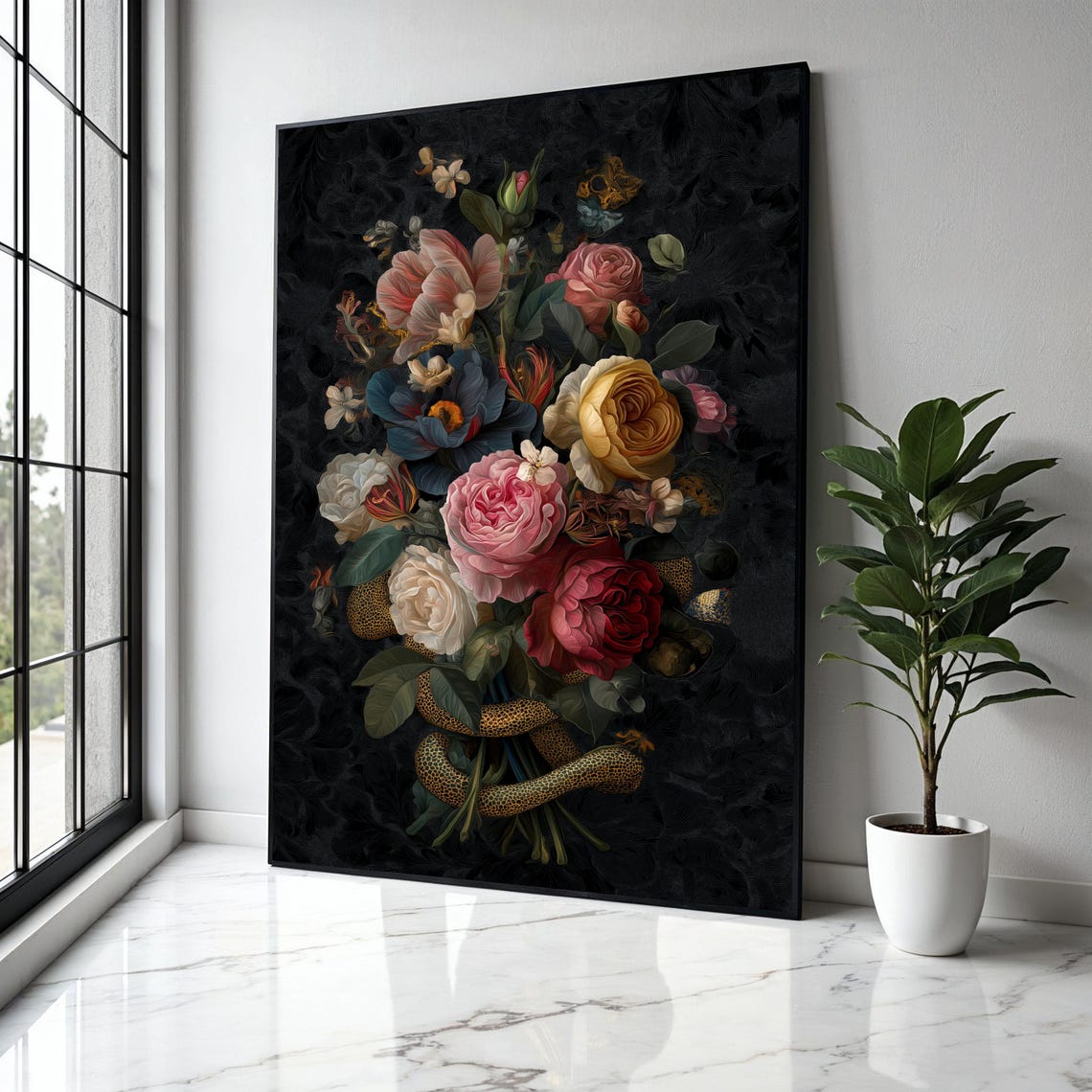 Dark Dutch Masters Floral Bouquet With Snake Oil Painting Poster