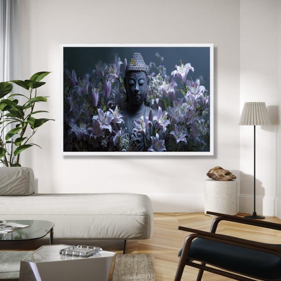 Tranquil Buddha Statue With Lilies Zen Garden Canvas Wall Art Floral Meditation Decor Peaceful Spiritual Gift Home Print