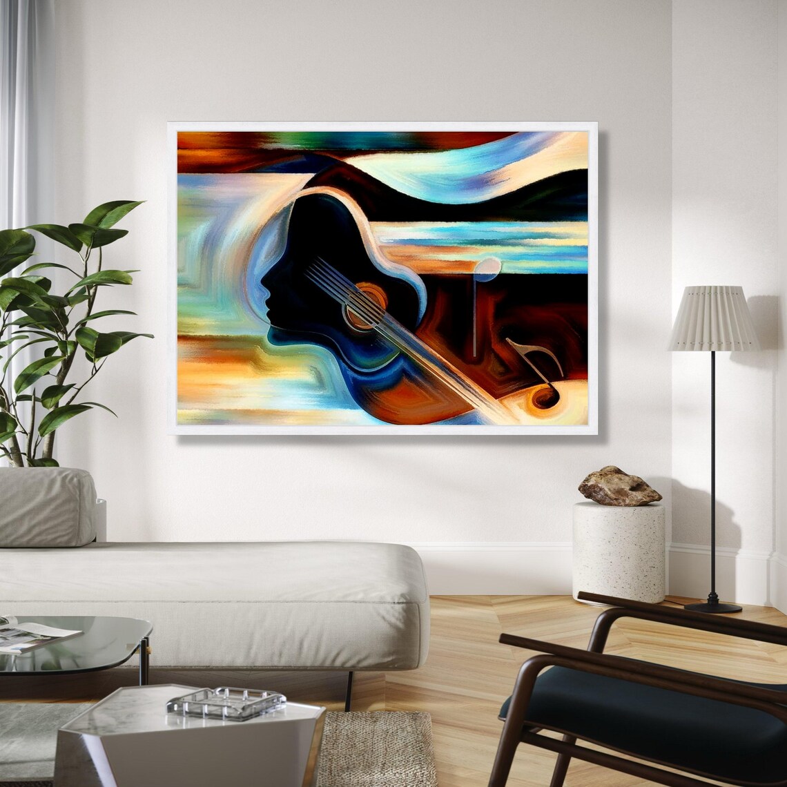 Abstract Silhouette Face Merged With A Guitar And Music Notes Art Poster