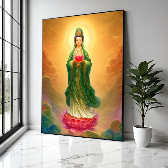 Guan Yin Goddess Lotus Blossom Golden Cloud Spiritual Poster