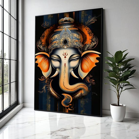 Majestic Ganesha Canvas Wall Art Elephant God Painting Spiritual Home Decor Hindu Mythology Gift Print