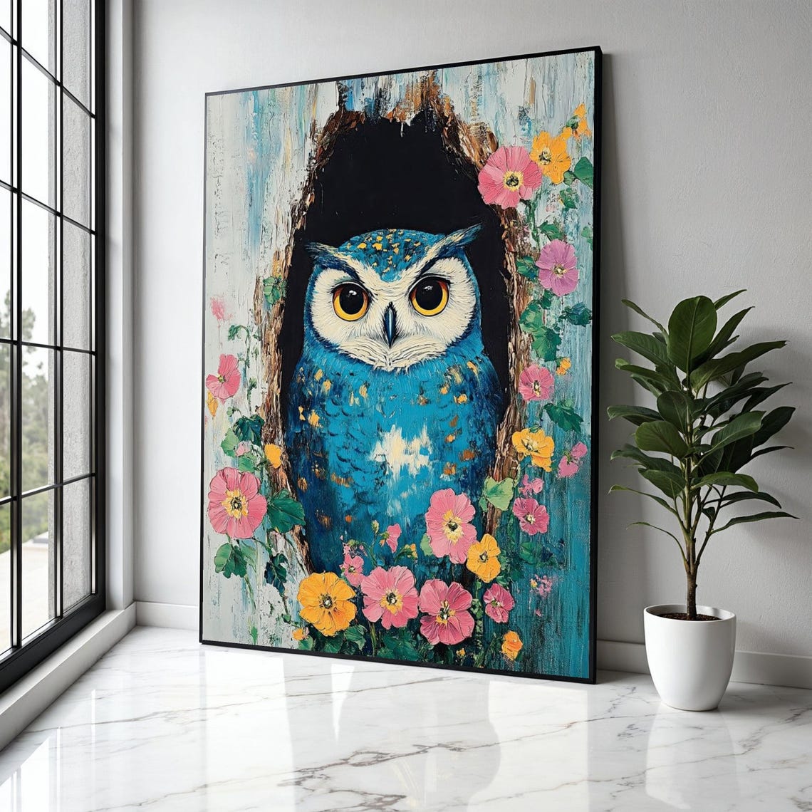 Blue Owl In Tree Hollow Surrounded By Pink Spring Flowers Poster