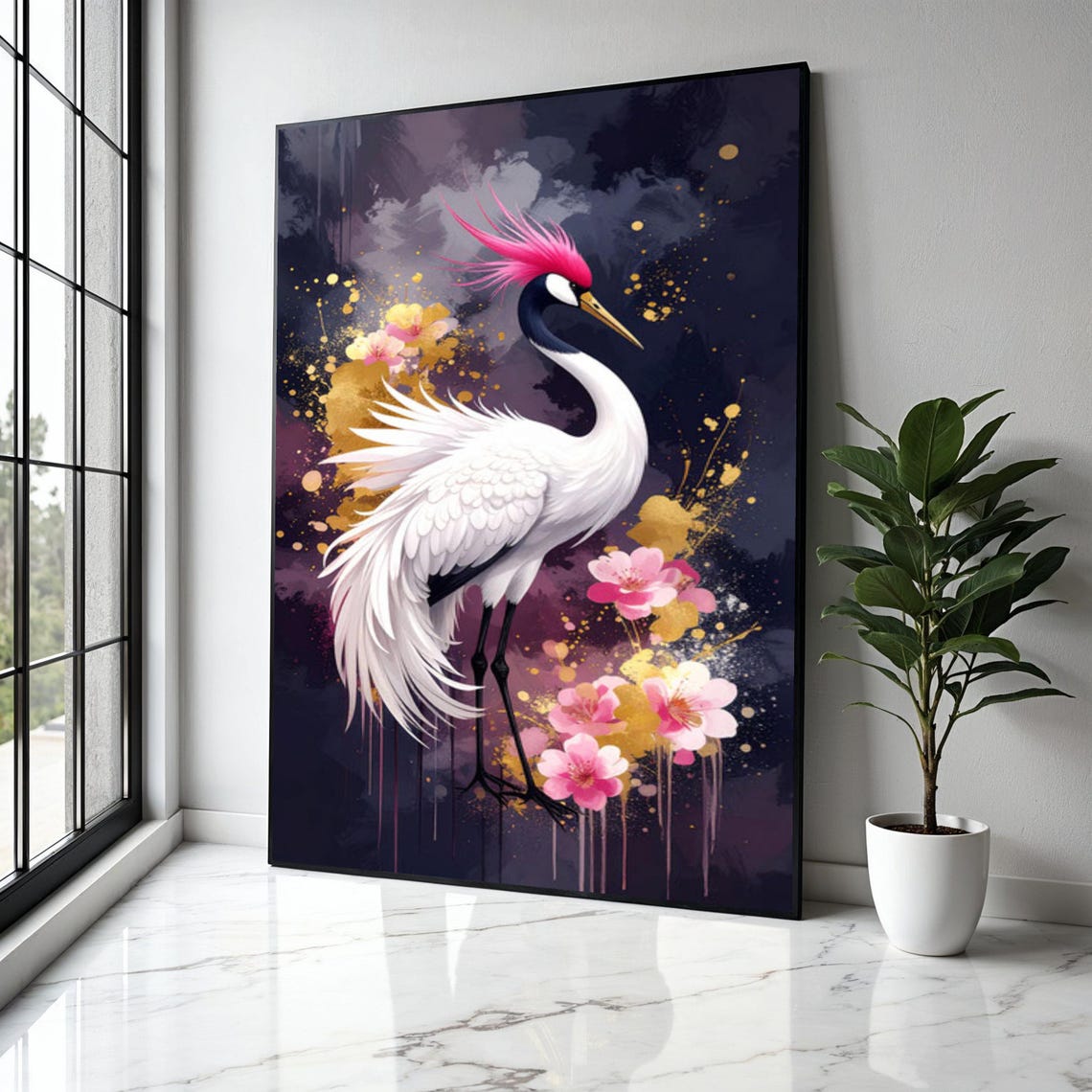 Japanese Crane Cherry Blossom Purple Gold Elegant Bird Poster