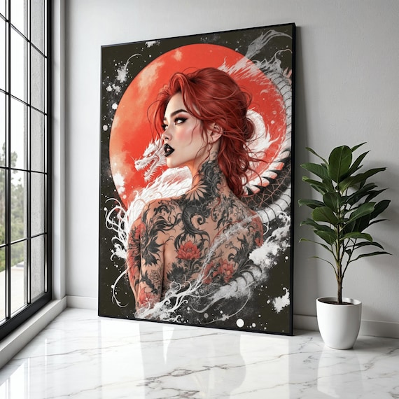 Red Haired Woman Back Dragon Tattoo Blood Red Circle Dark Poster