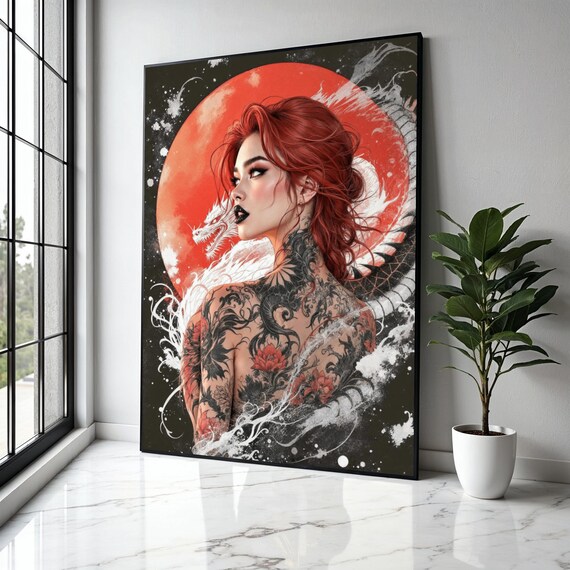 Redhaired Woman With Dragon Tattoo Canvas Japanese Style Art Bold Wall Decor Asian Gift Home Print