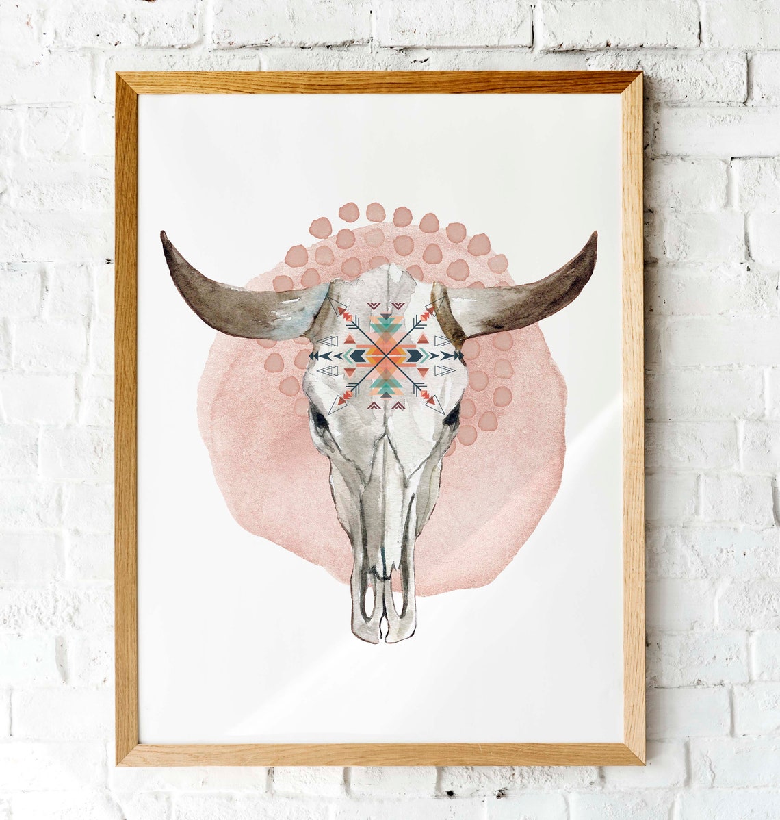 Watercolor Cow Skull With Aztec Pattern Western Boho Art Poster - Image 3