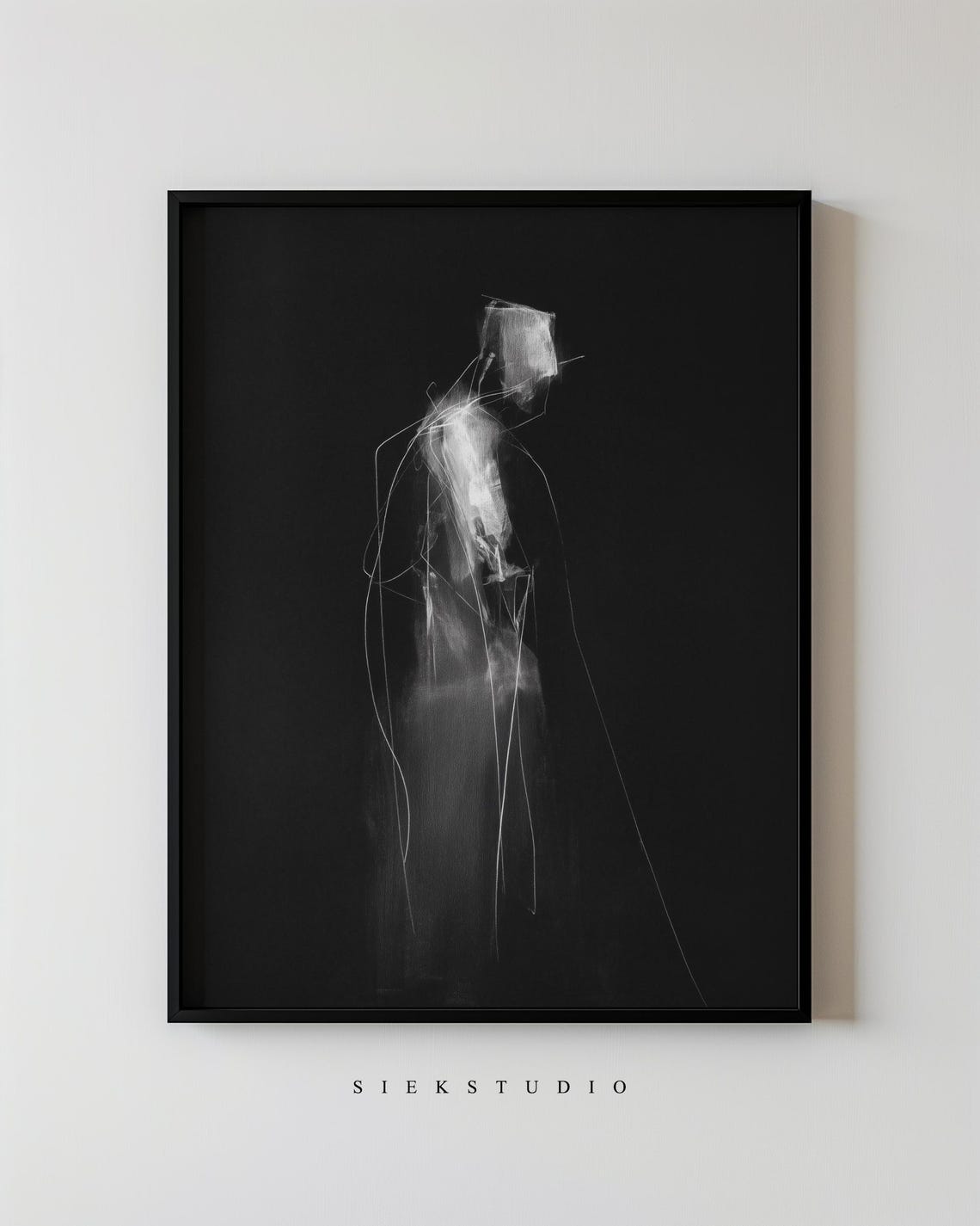 Ghostly Figure White Charcoal on Black Dark Abstract Art Poster