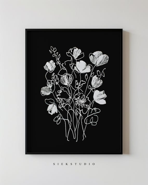 Bold Floral Line Drawing Modern Abstract Botanical Wall Art Minimalist Flower Artwork Black And White Decor