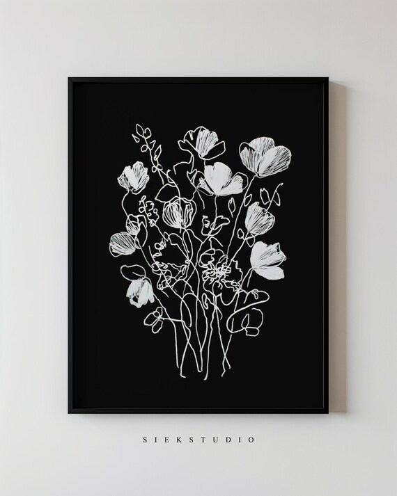 White Wildflowers Line Drawing on Black Botanical Modern Poster