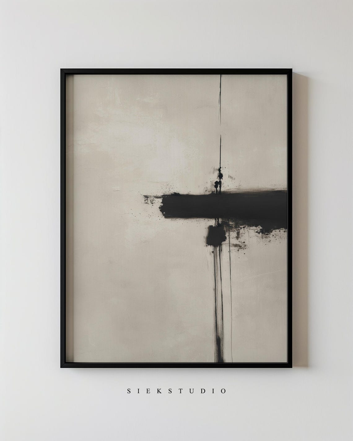 Modern Abstract Minimalistic Bold Black Brush Painting And Beige Wall Art Contemporary Expressionist Home Decor 241