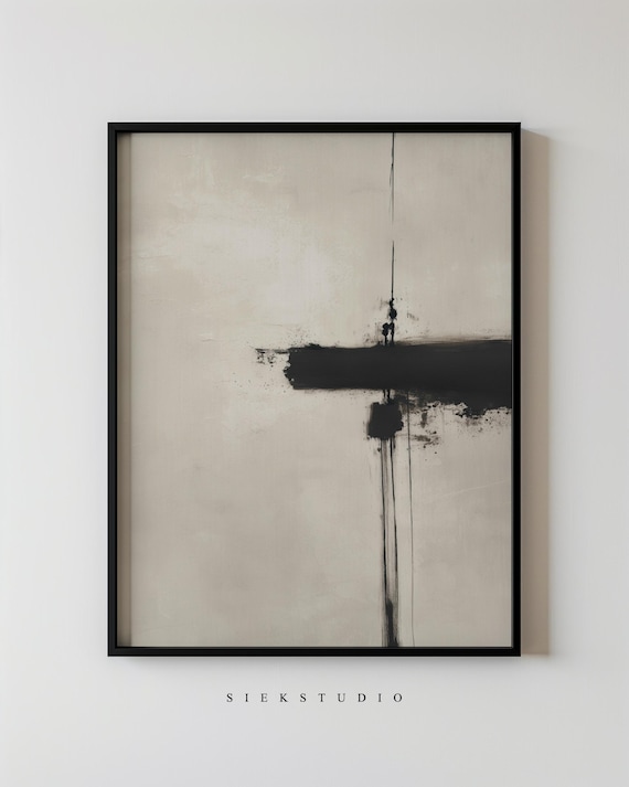 Modern Abstract Minimalistic Bold Black Brush Painting And Beige Wall Art Contemporary Expressionist Home Decor 241