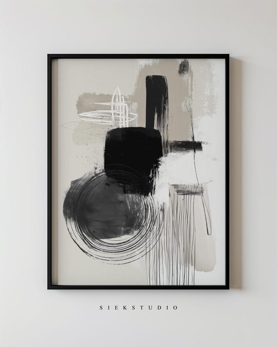 Black And White Abstract Shapes Painting Minimalist Geometric Modern Wall Art Neutral Textured Contemporary Living Room Decor 98