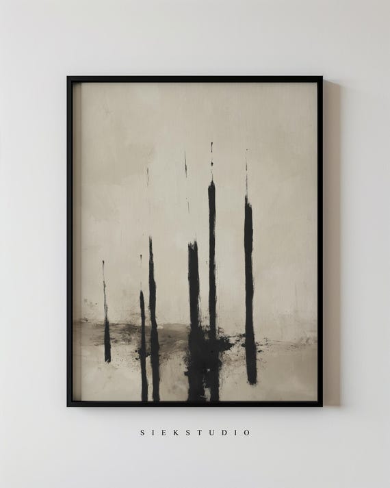 Abstract Minimalist Black Brushstroke Lines Painting Modern Neutral Wall Art Contemporary Home Expressionist Textured Beige Decor 240