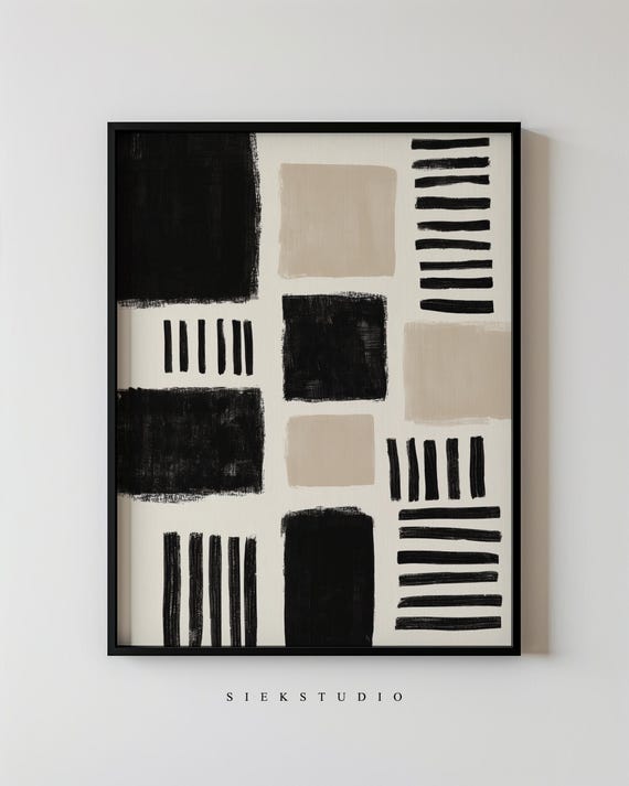 Abstract Blocks Minimalist Lines Geometric Modern Black And Beige Block Wall Art Contemporary Neutral Home Decor 214