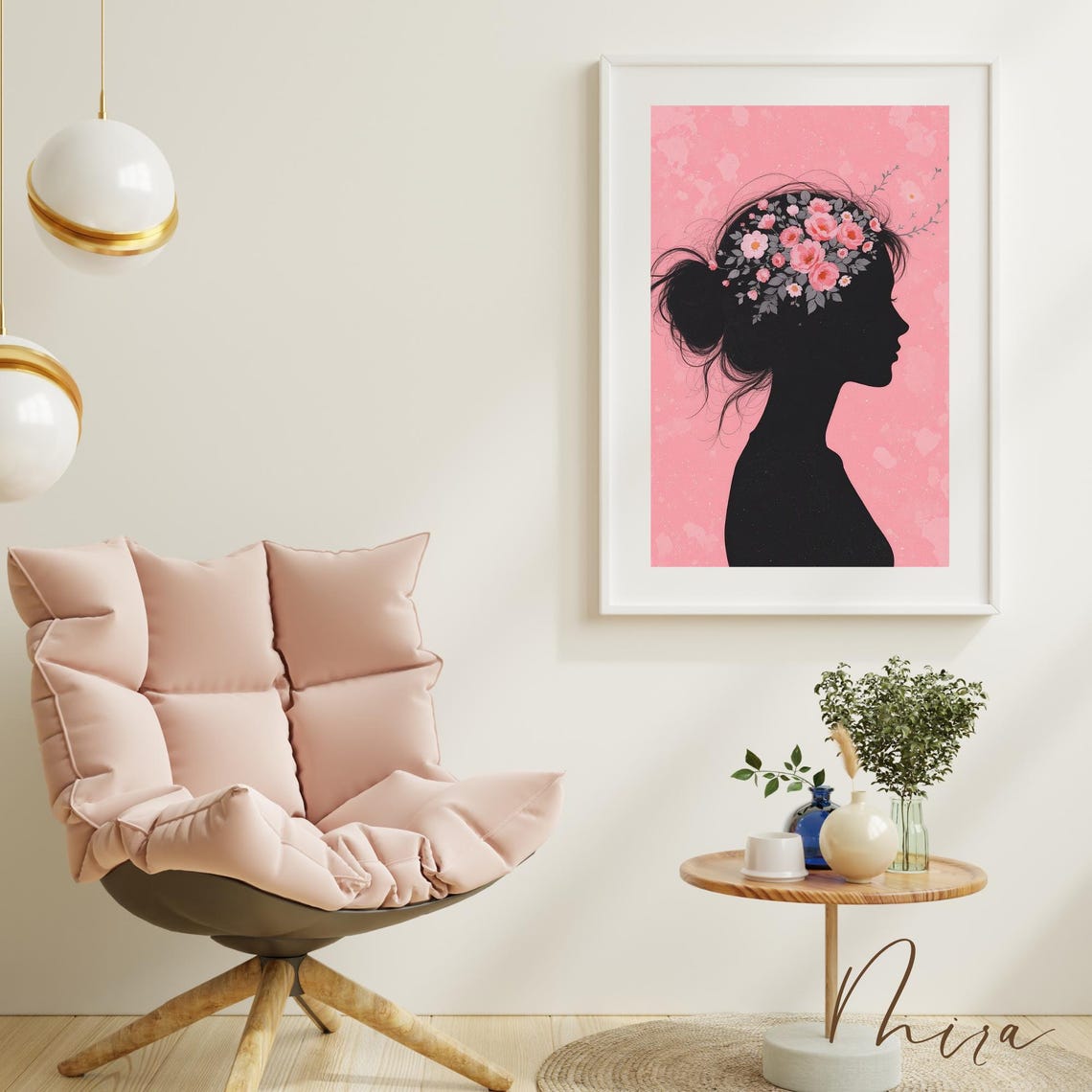 Floral Woman Silhouette Pink Botanical Profile Modern Art Poster