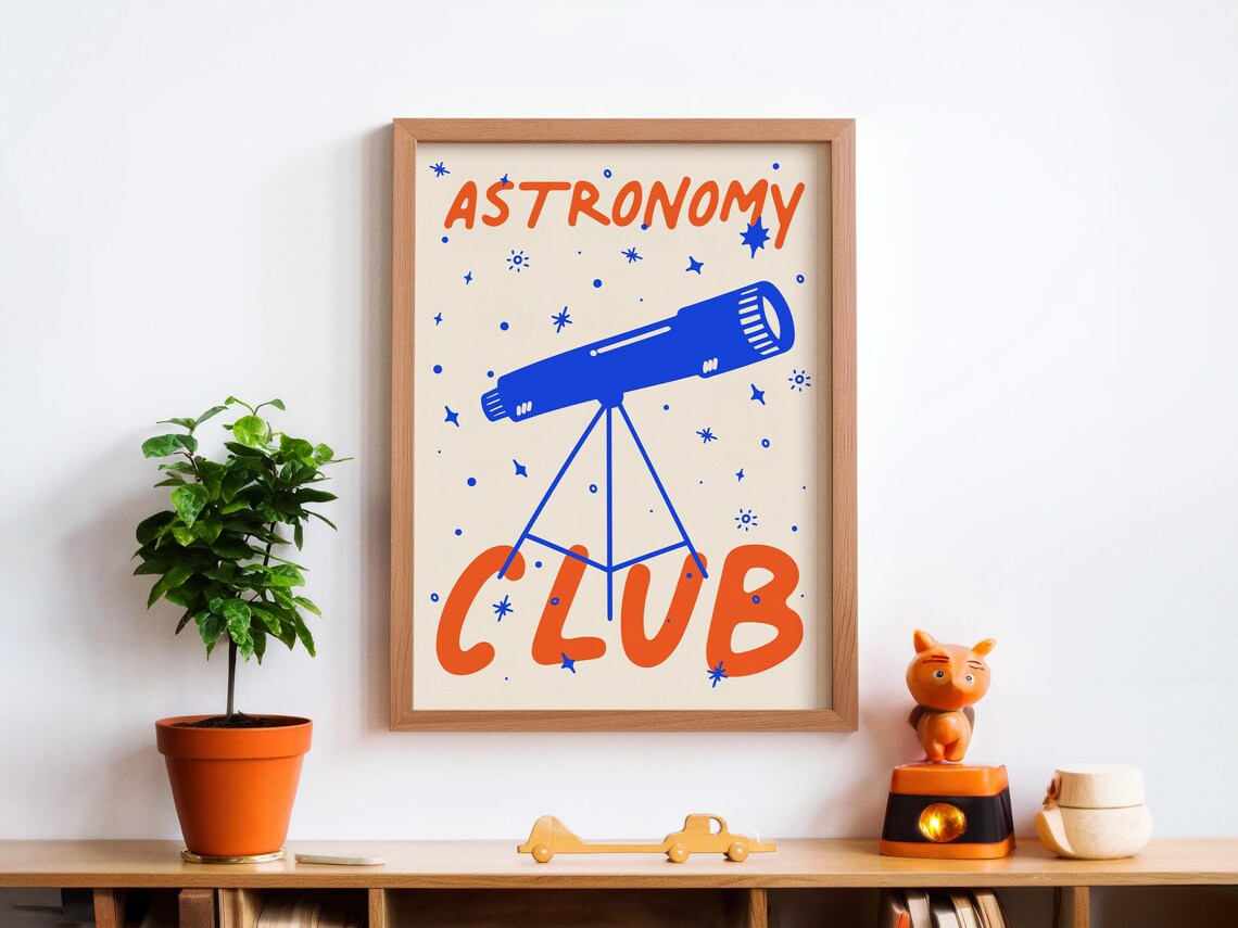 Astronomy Club Blue Telescope Orange Lettering Kids Room Space Poster