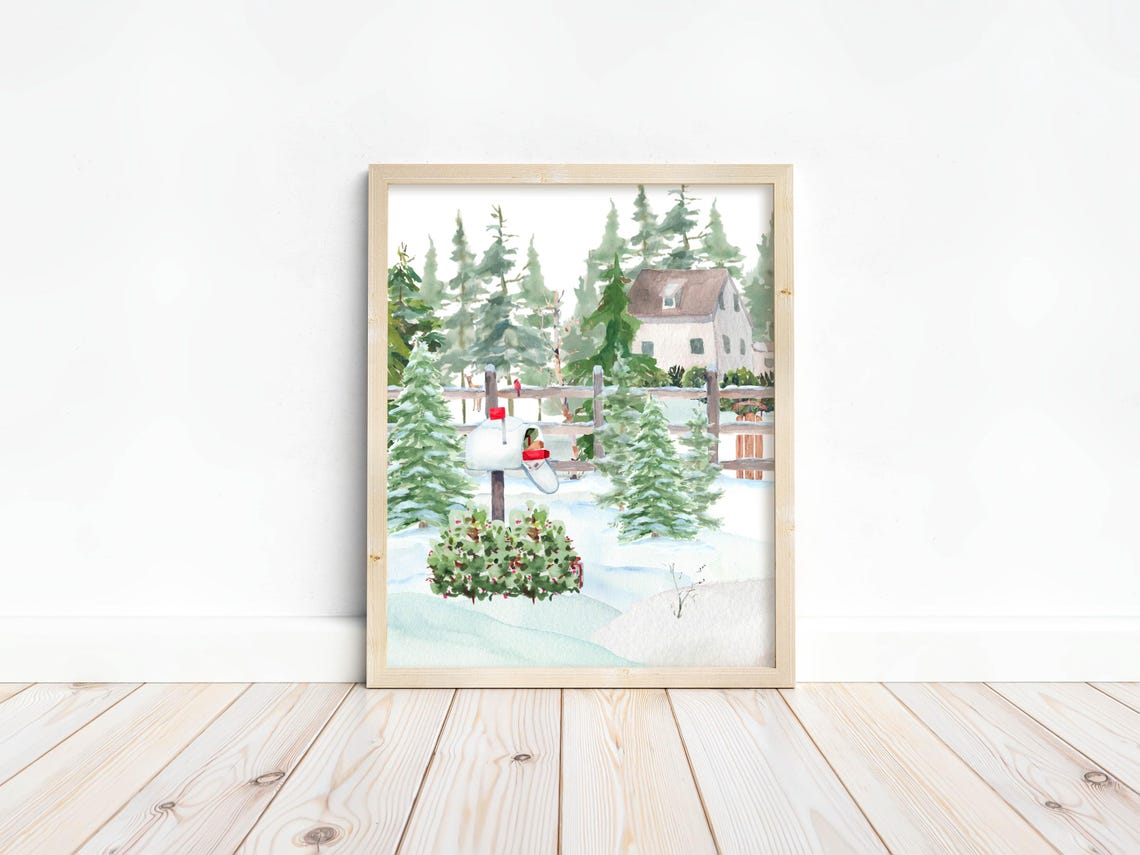 Snowy Winter Mailbox Watercolor Woodland Farmhouse Landscape Poster - Image 8