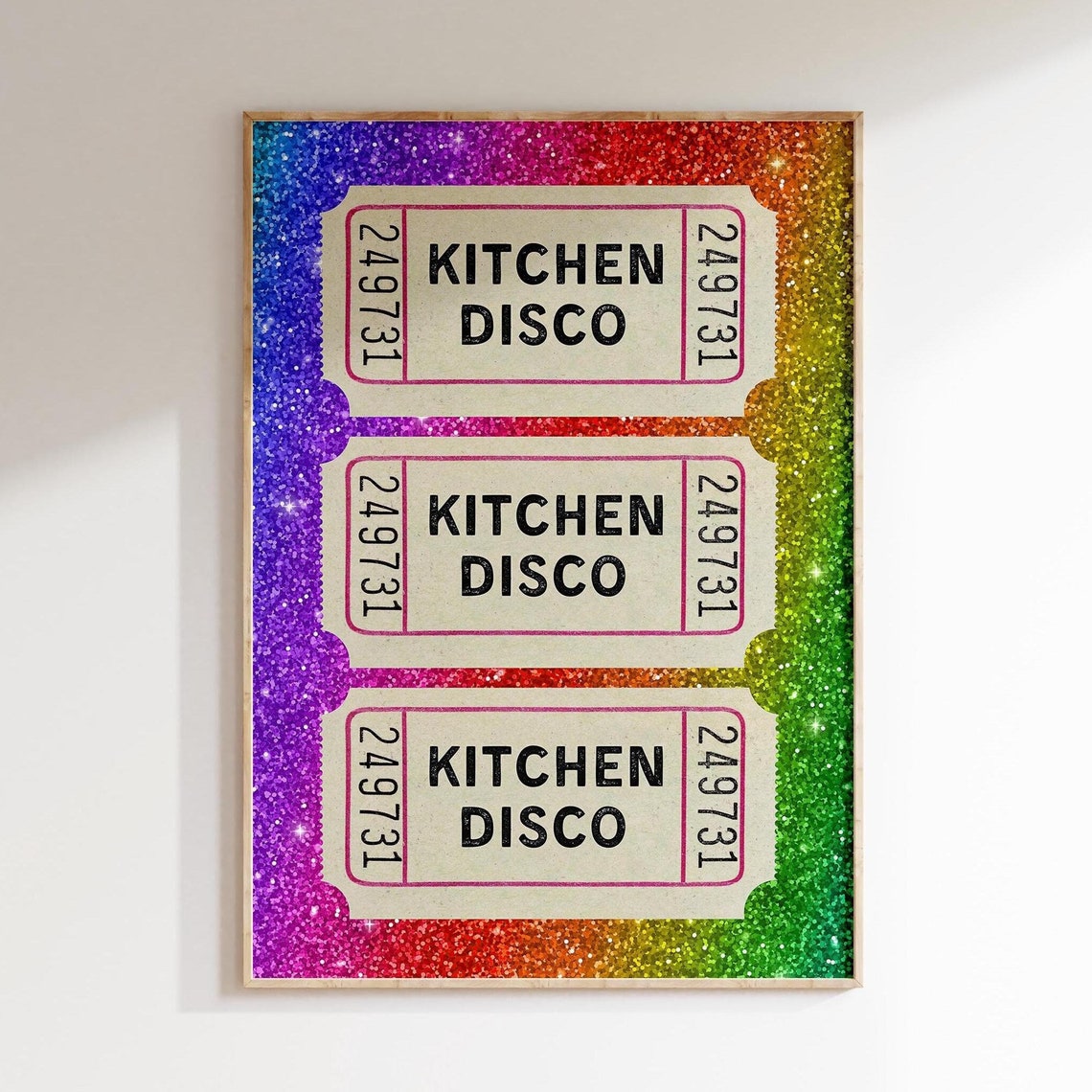 Kitchen Disco Vintage Ticket Stub Trio Rainbow Glitter Poster