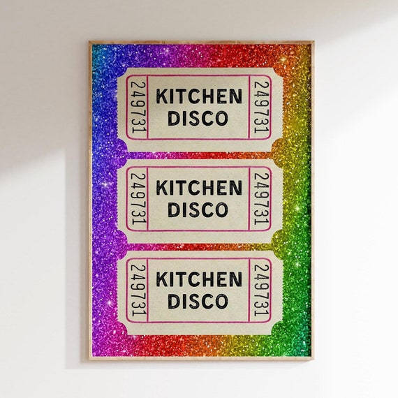 Kitchen Disco Ticket Stub Wall Art Vintage Ticket Poster Rainbow Print Glitter Trendy Wall Art
