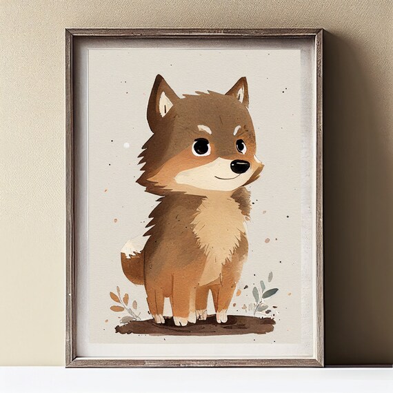 Adorable Baby Wolf Pup Watercolor Art Rustic Frame Nursery Poster