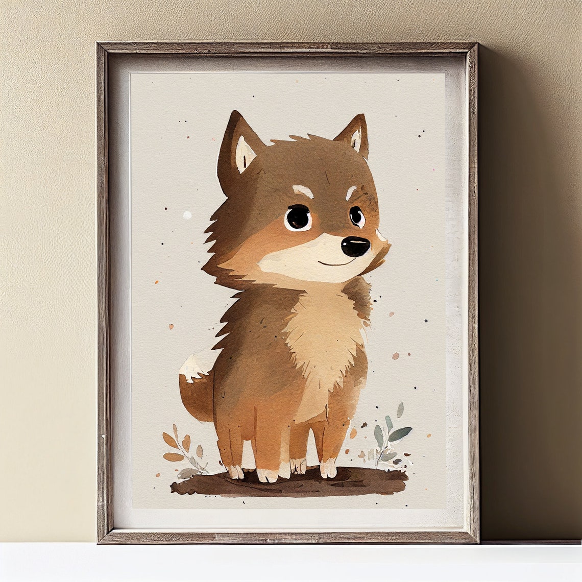 Adorable Baby Wolf Pup Watercolor Art Rustic Frame Nursery Poster