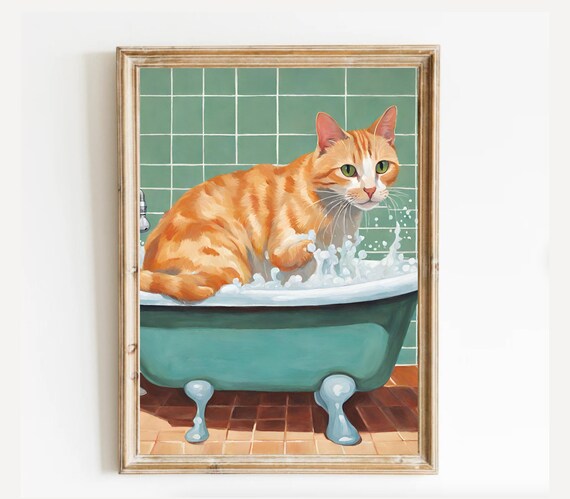 Ginger Cat Bathing in Vintage Green Tub Funny Bathroom Art Print