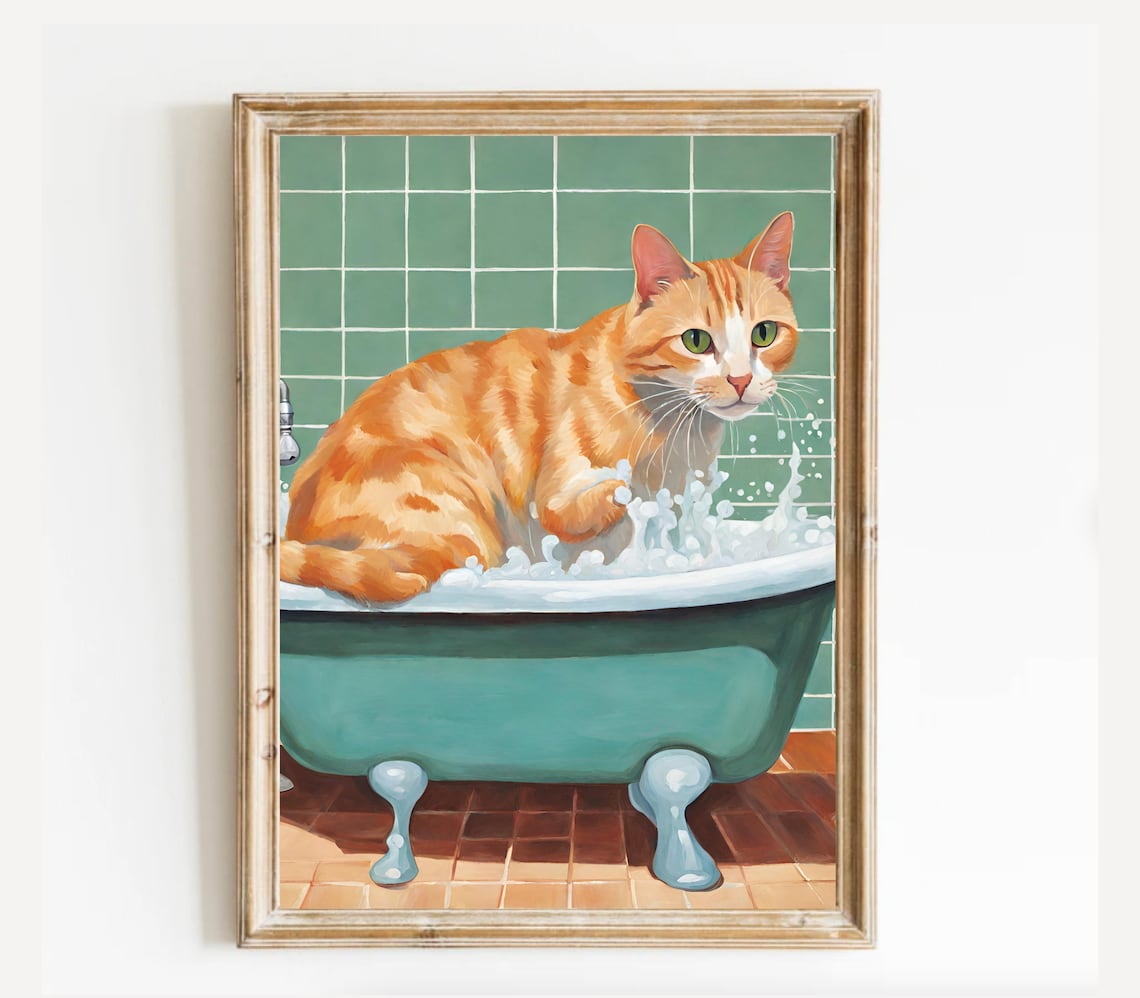 Ginger Cat Bathing in Vintage Green Tub Funny Bathroom Art Print