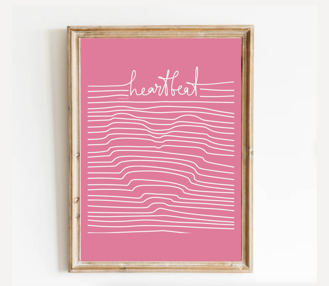 Heartbeat Wave Line Design Pink Script Typography Minimal Wall Art