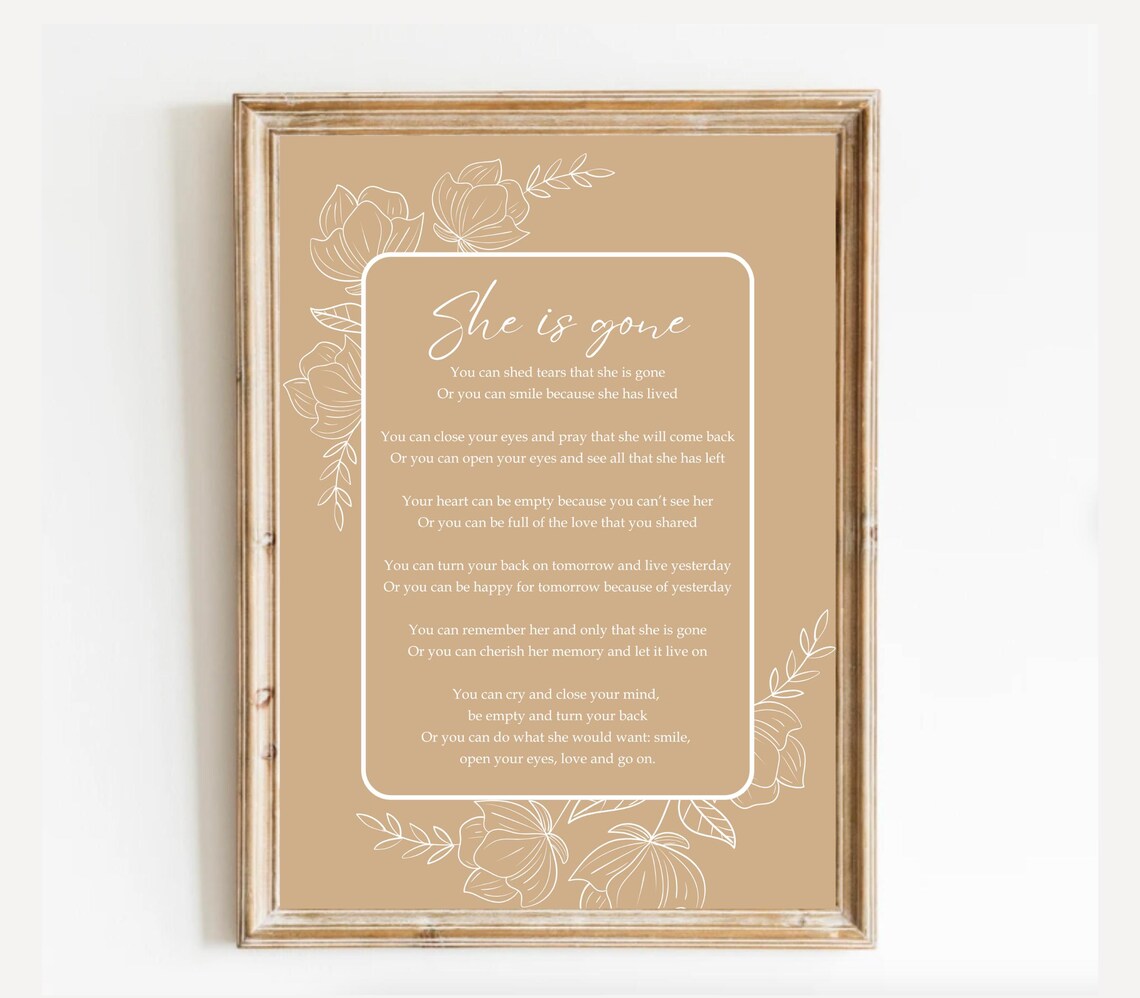 She Is Gone Beige Floral Line Art Elegant Memorial Poem Poster - Image 2