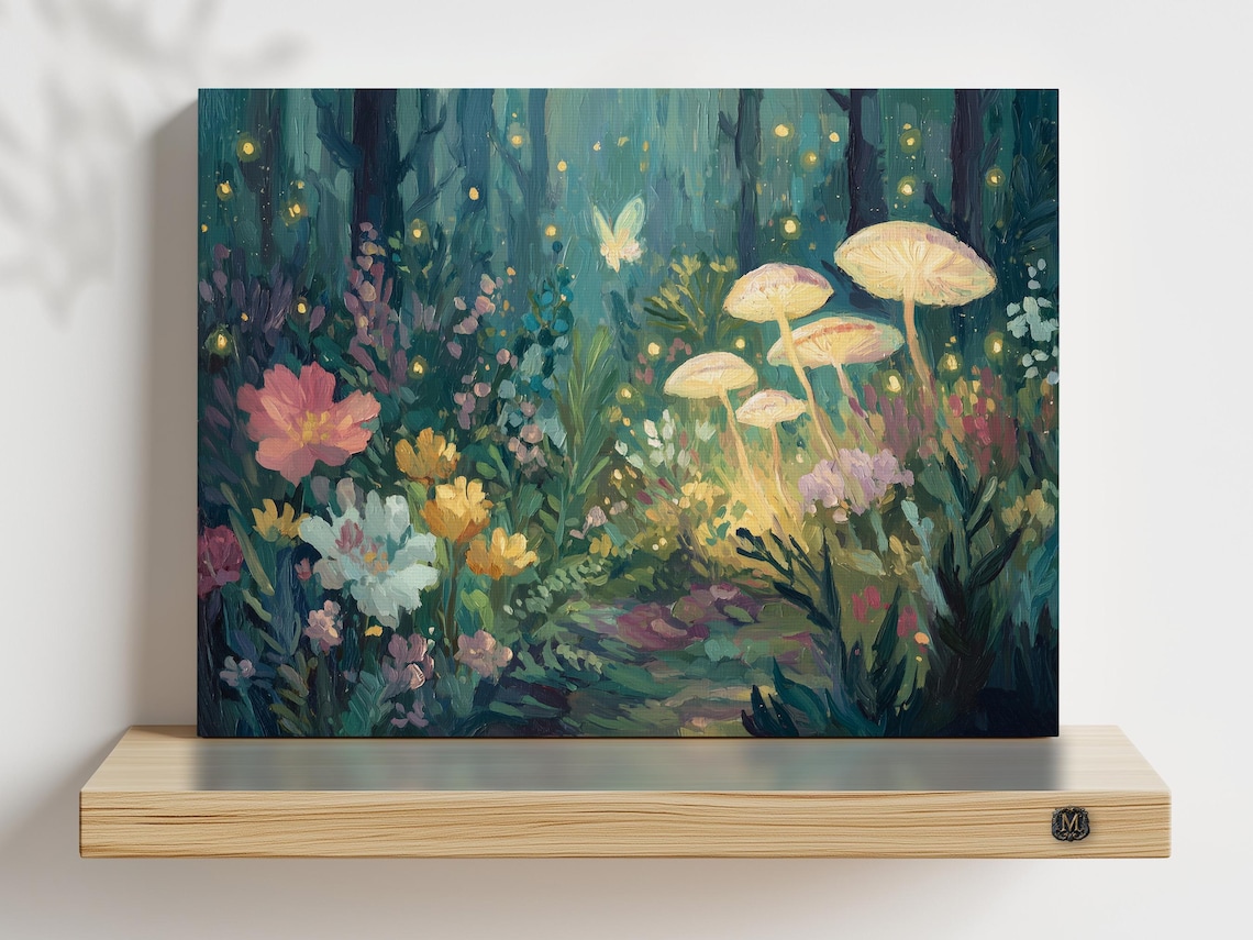 Enchanted Forest Glowing Mushrooms Fireflies Fantasy Painting Wall Art