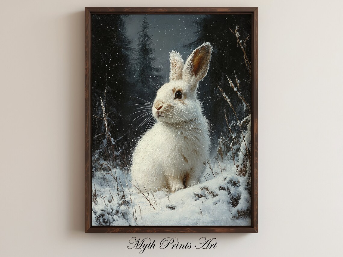 Winter Rabbit Vintage Oil Painting Art Print