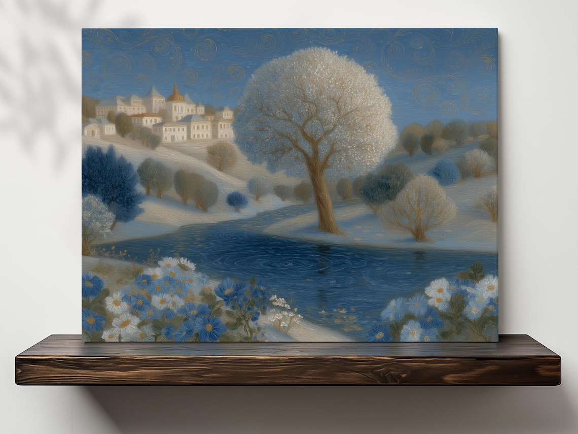 Whimsical Winter Snowy Village River Blue Flowers Art Poster