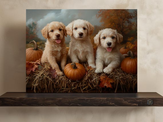 Autumn Golden Retriever Puppies Print On Canvas Or Premium Archival Paper Adorable Pets Oil Painting Nature Wall Art Fall Home Decor