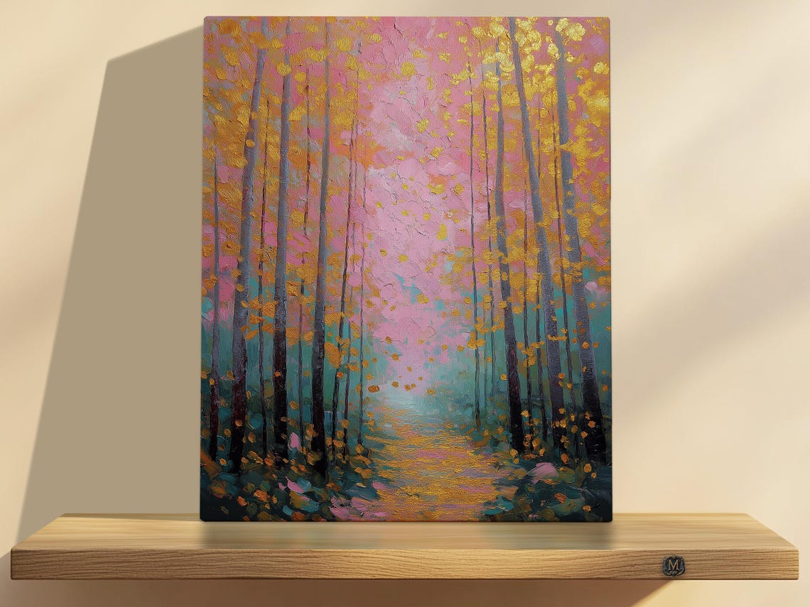Magical Forest Pink Gold Impasto Abstract Woodland Painting Wall Art
