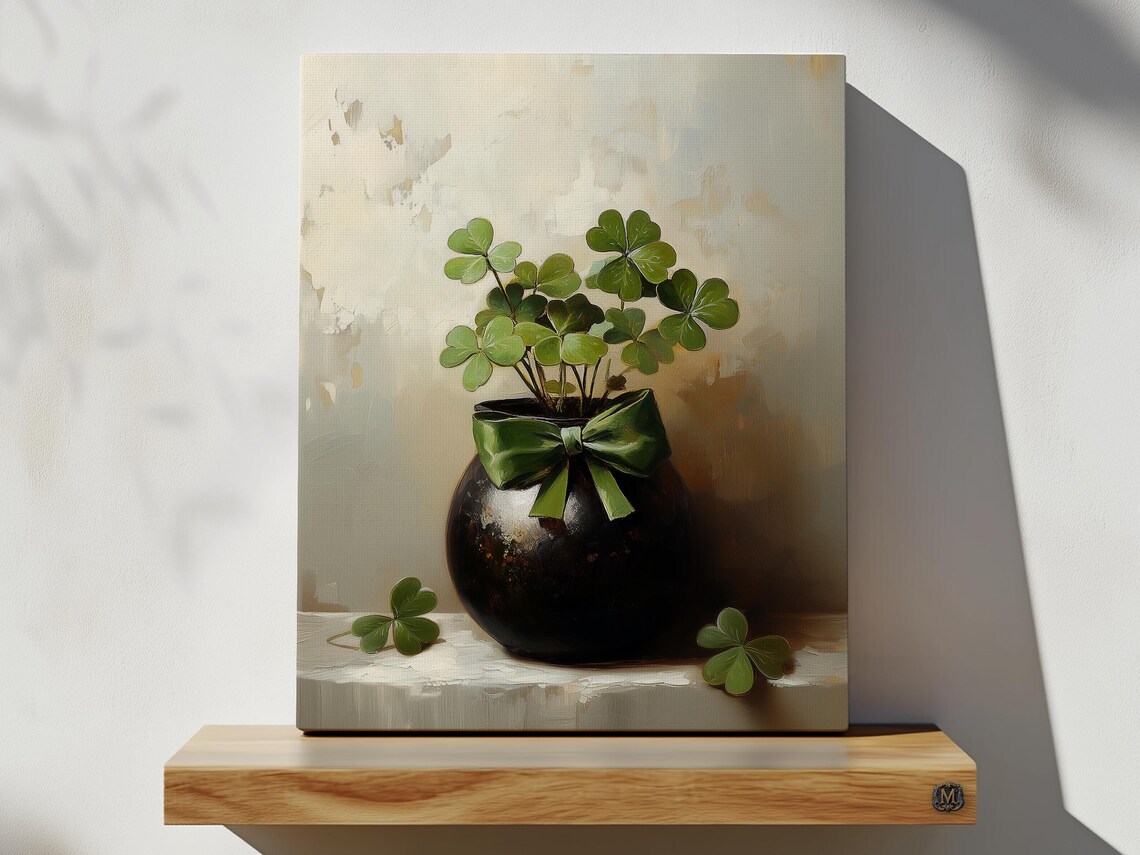 Black Vase Green Ribbon Shamrocks Still Life Saint Patrick Print