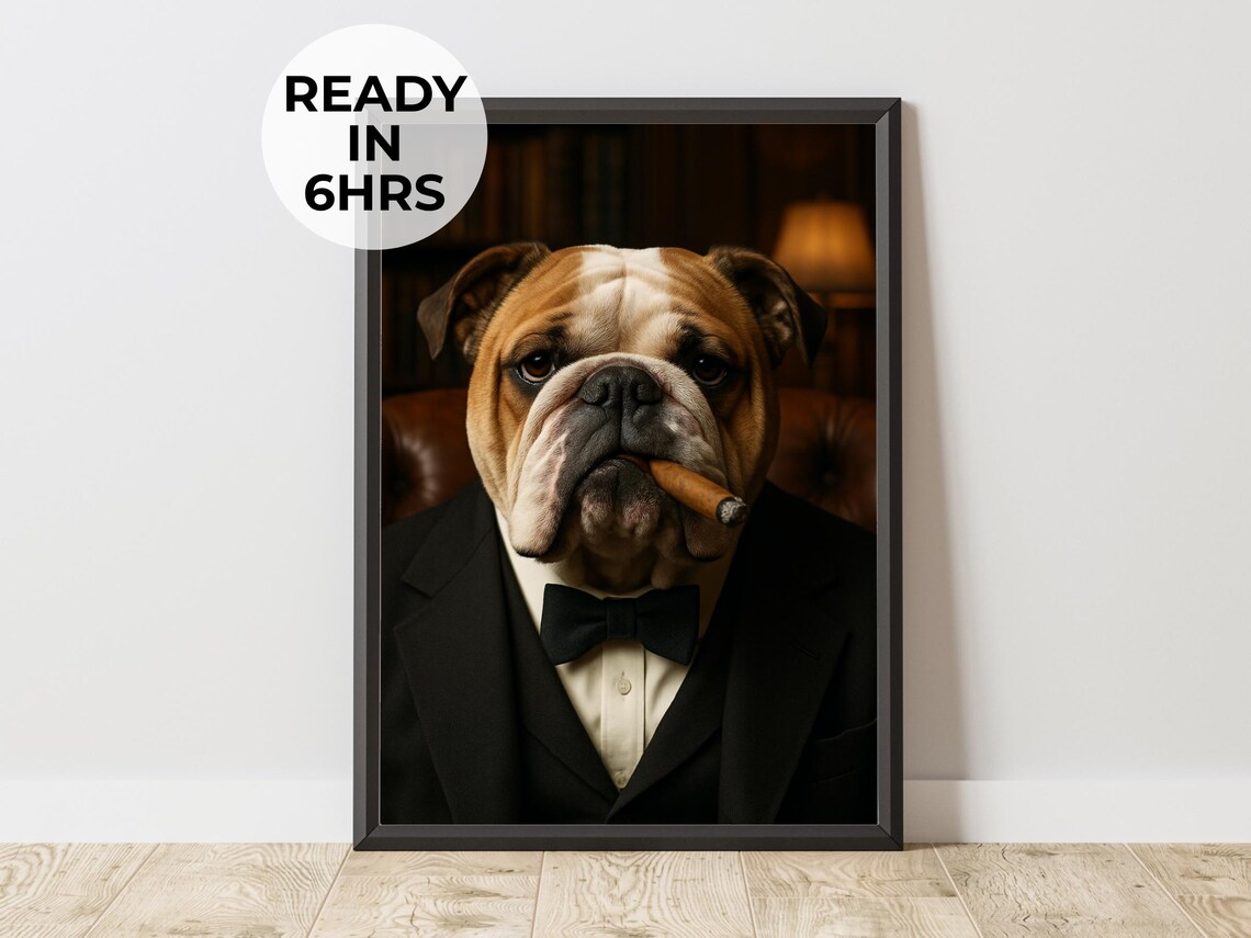 English Bulldog Gentleman Tuxedo Bow Tie Cigar Dog Portrait Poster