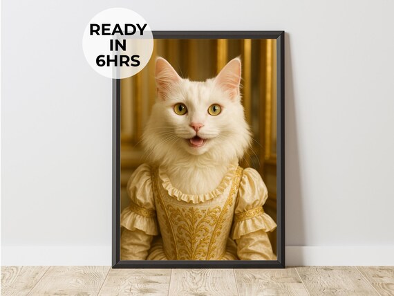 White Cat Gold Embroidered Gown Royal Lady Regal Pet Portrait Poster