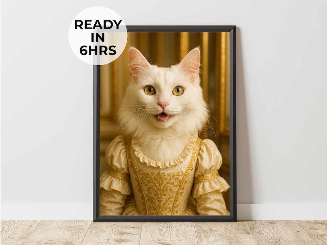 White Cat Gold Embroidered Gown Royal Lady Regal Pet Portrait Poster
