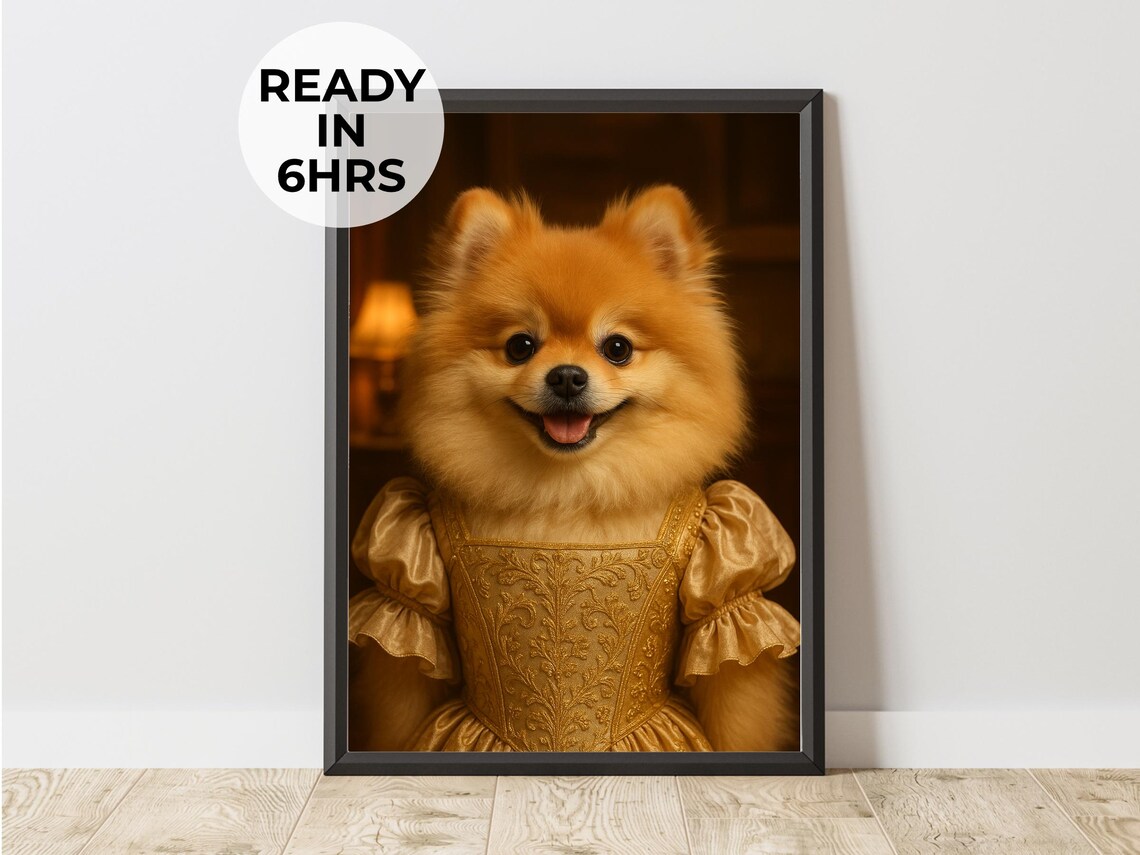 Custom Regency Pet Portrait, Gold Gown Lady Art