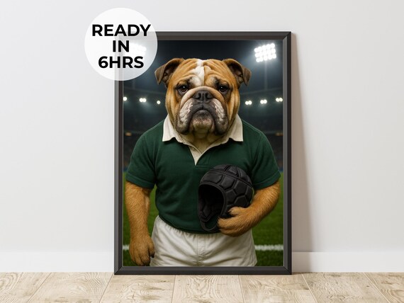 English Bulldog Rugby Player Green Jersey Night Stadium Portrait Poster