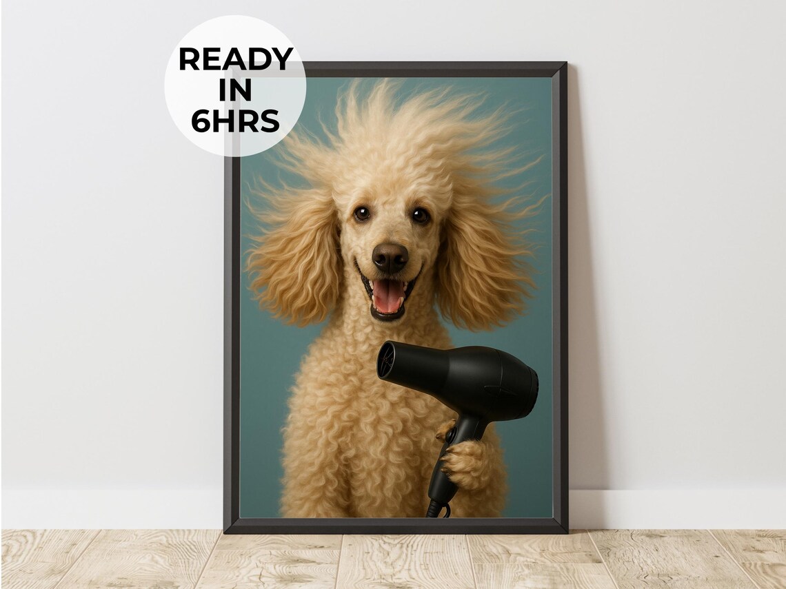 Hair Dryer Pet Portrait, Funny Dog Art Print