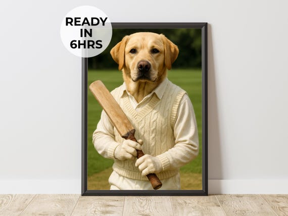 Custom Batter Pet Portrait Cricket Player Art Dog Dad Gift