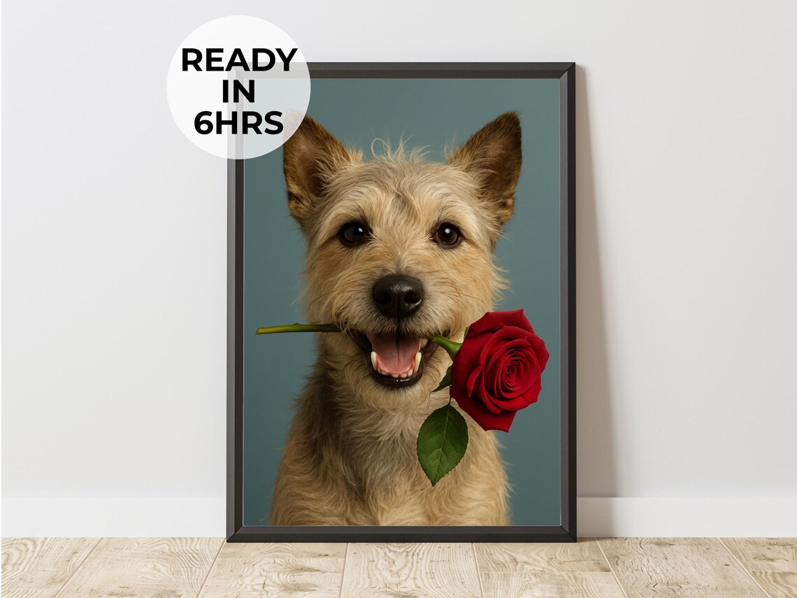 Happy Terrier Dog Red Rose Sweet Romantic Pet Portrait Poster