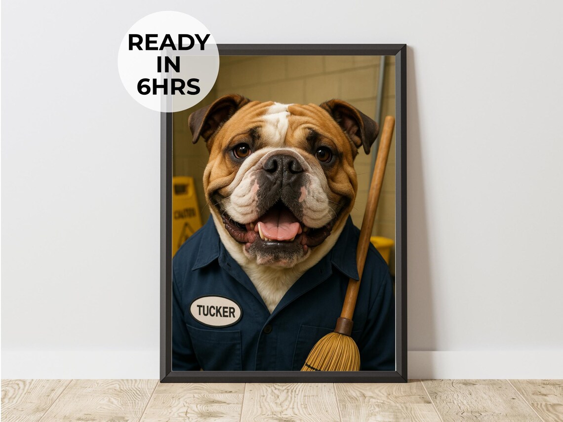 Funny Bulldog Janitor Portrait Custodian Uniform Dog Photo Poster