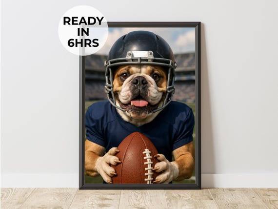 Football Pet Portrait Funny Dog Cat Sports Art Unique Athlete Gift Artwork